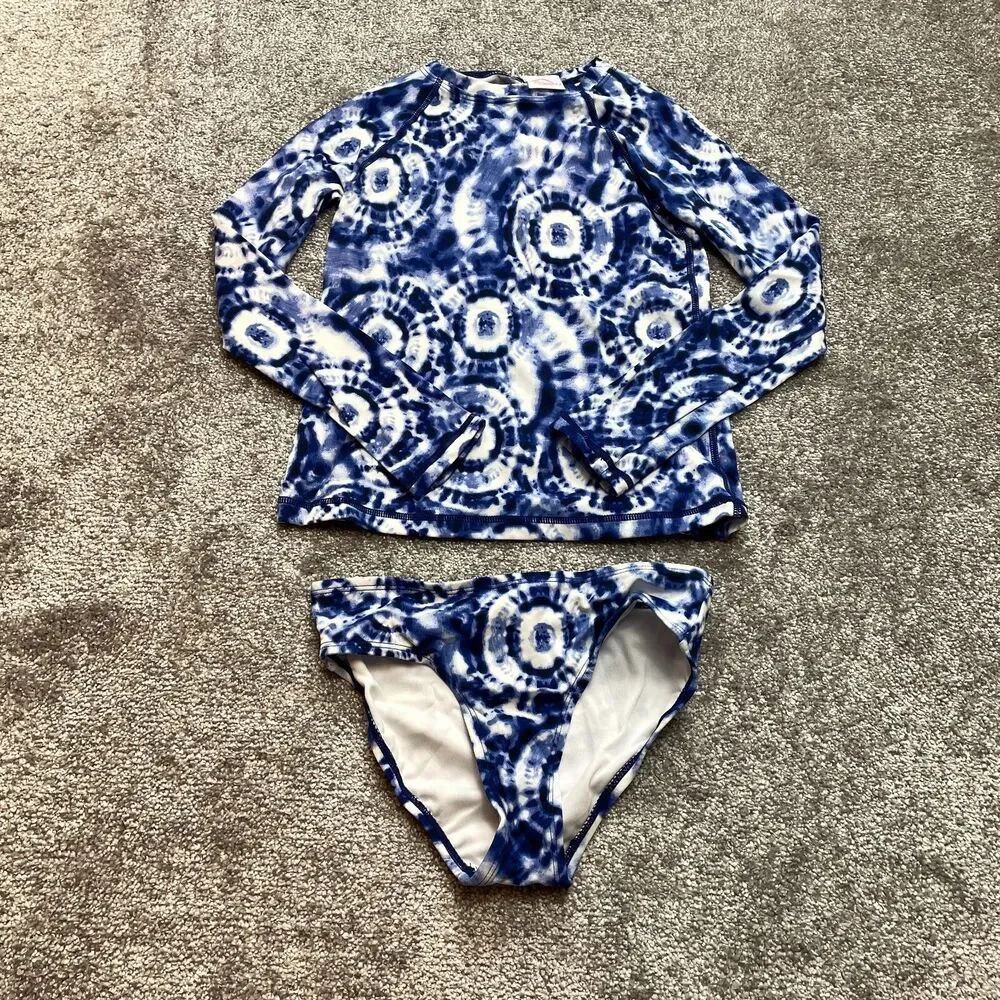 OKAMI Girls 10 Two Piece Swim Bathing Suit Set Blue White Long Sleeve Brief New